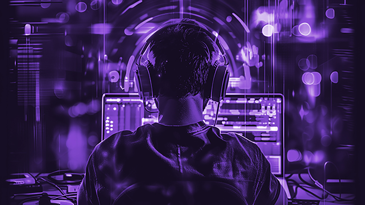 Electronic music producer at a home studio desk, headphones on, hands on a MIDI controller, laptop running Ableton Live lit by warm screen glow