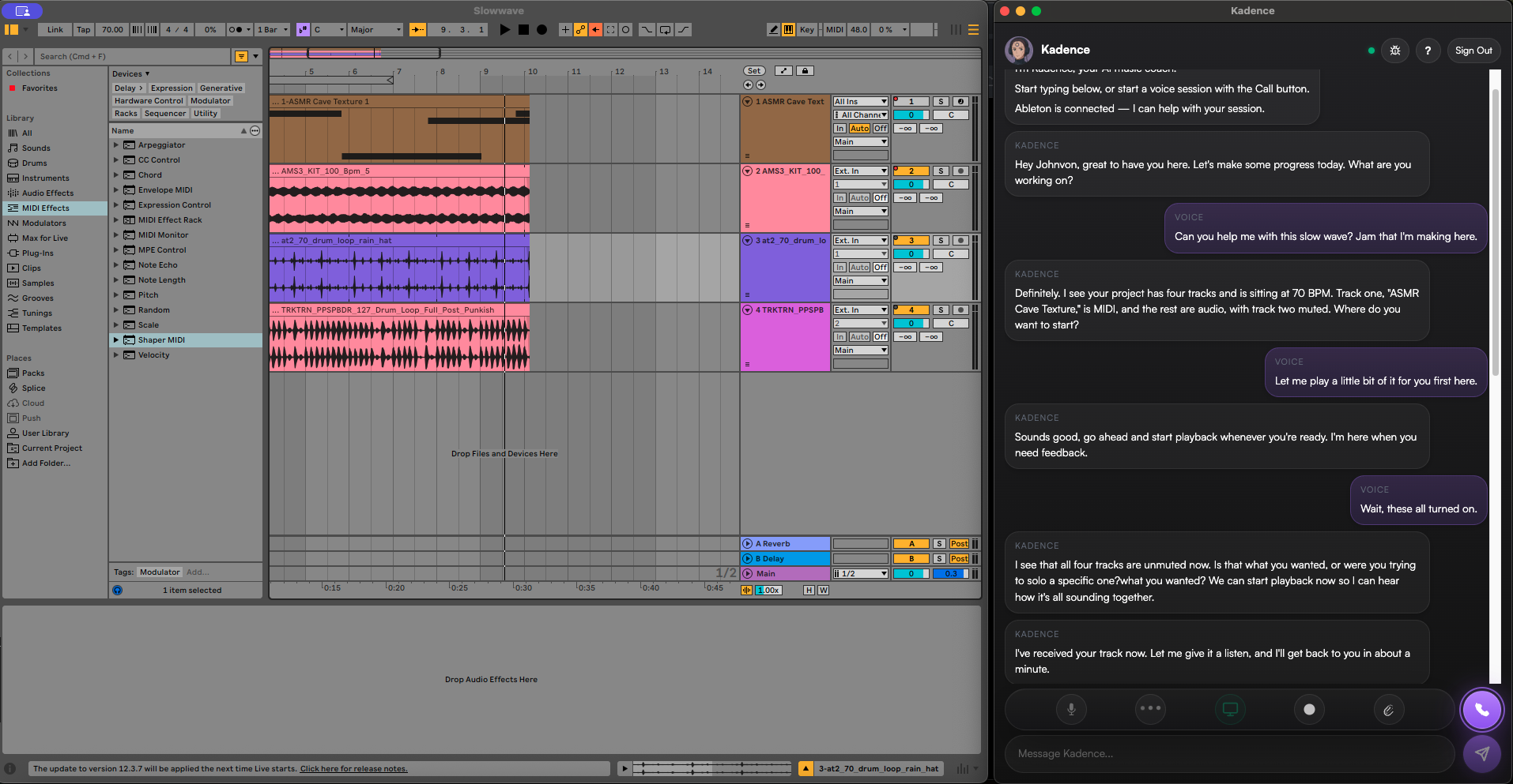 Screenshot of Kadence Desktop running alongside Ableton Live, showing a voice-coaching panel with the current project's waveform, a read-out of project context, and a student question being answered